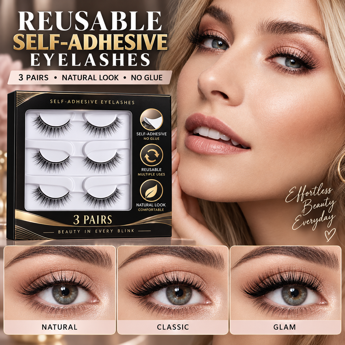 Reusable Self-Adhesive Eyelashes – No-Glue Natural False Lashes